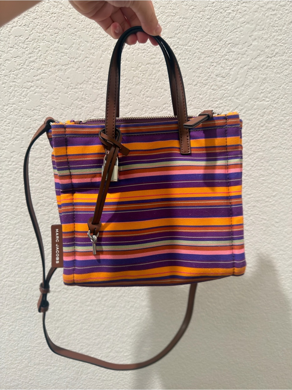 Marc Jacobs Purple Stripe Crossbody Tote with Brown Leather Trim